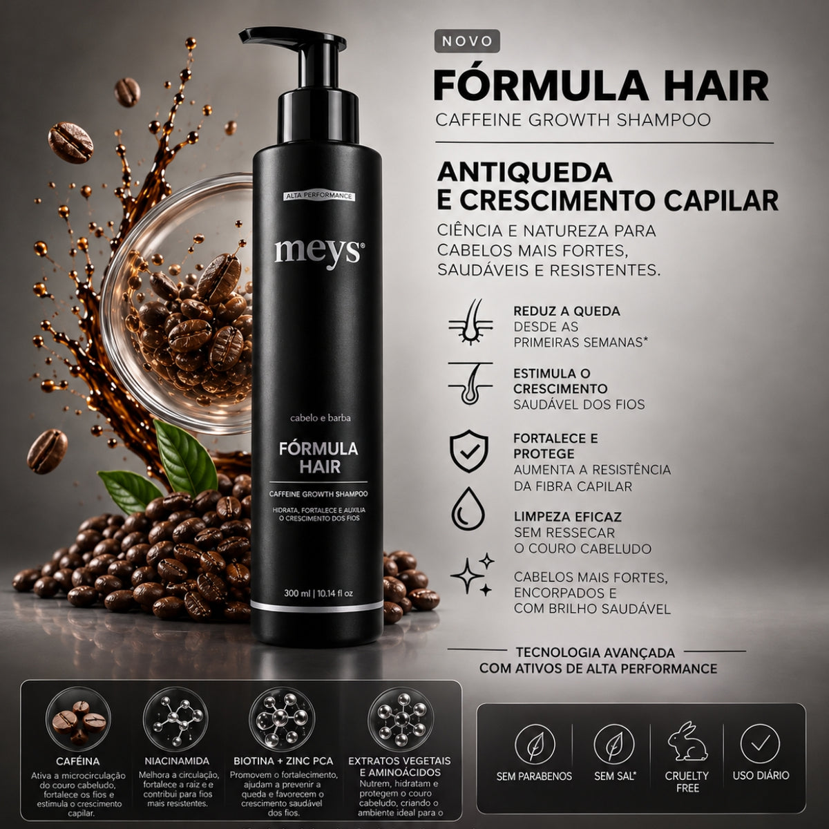 Shampoo Fórmula Hair MEYS – Cafeína e Niacinamida | Antiqueda, Fortalecimento e Crescimento Capilar | 300ml