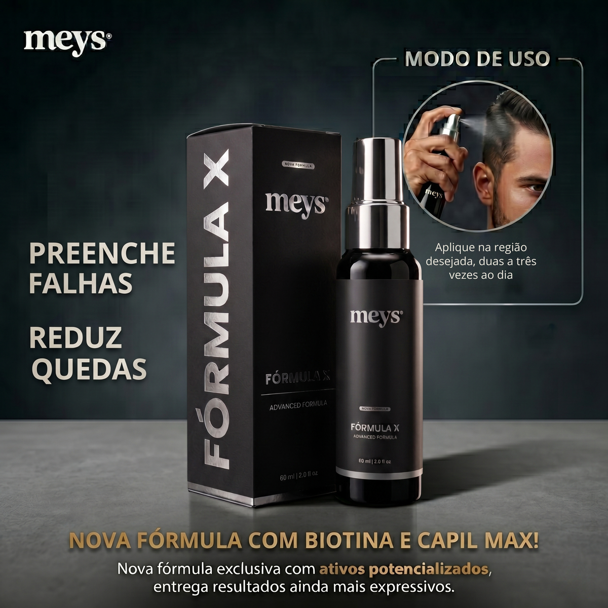 Fórmula X da Mey's que preenche falhas e reduz a queda no cabelo e barba